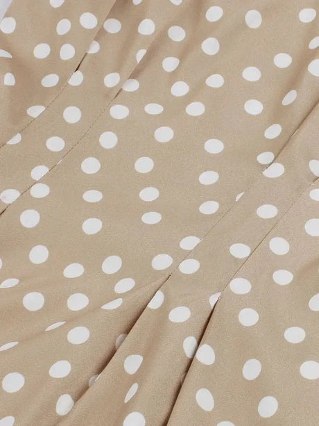 Tonval Khaki Color High Waist Elegant Polka Dot Women Vintage Long Dress Sleeveless Pocket Side Ladies Midi Dresses Retro - Lootquake
