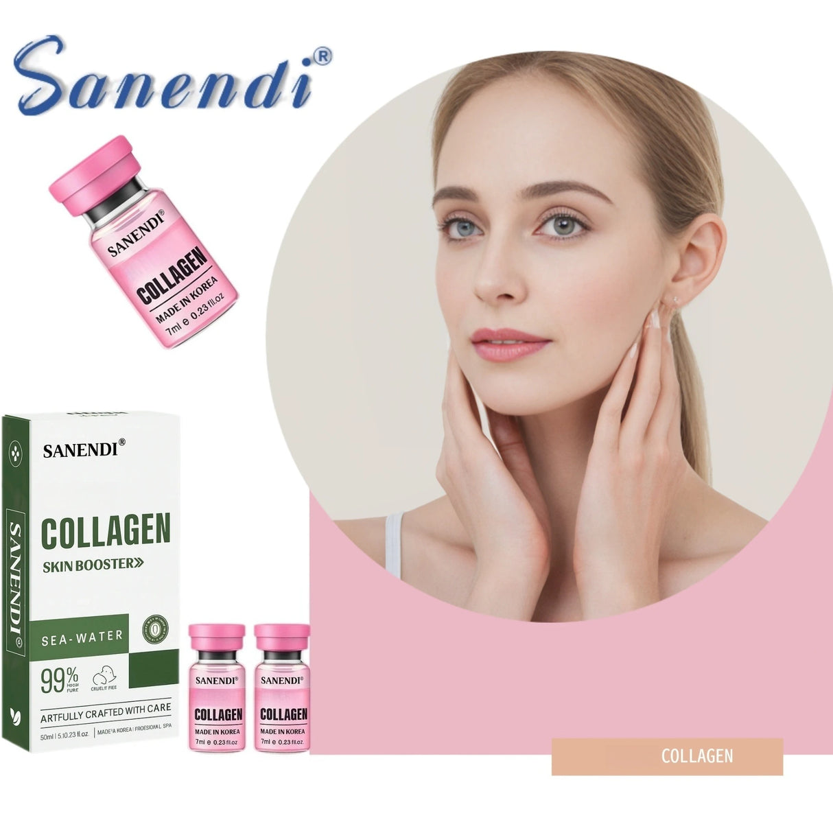 Polvo facial hidratante con ácido hialurónico Sanendi COLLAGEN, solución hidratante para piel de vidrio.