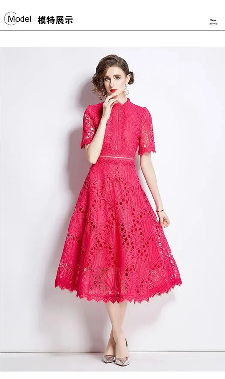SMTHMA Vintage High-End O-Neck Short Sleeve Lace Hollow Out Dress For Women's Summer Slim Elegant Long Dress Female Clothing - Lootquake