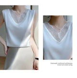 Nueva ropa de mujer, chaleco, camiseta sin mangas, traje de mujer, forro de encaje, verano 2024, nuevo top sin mangas de satén de seda, chalecos con tirantes