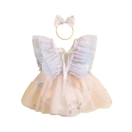 Pudcoco Baby Girl 2Piece Summer Set 3D Butterfly Flower Embroidery Fly Sleeve Mesh Romper Dress 3D Bow Headband Toddler Outfits - Lootquake