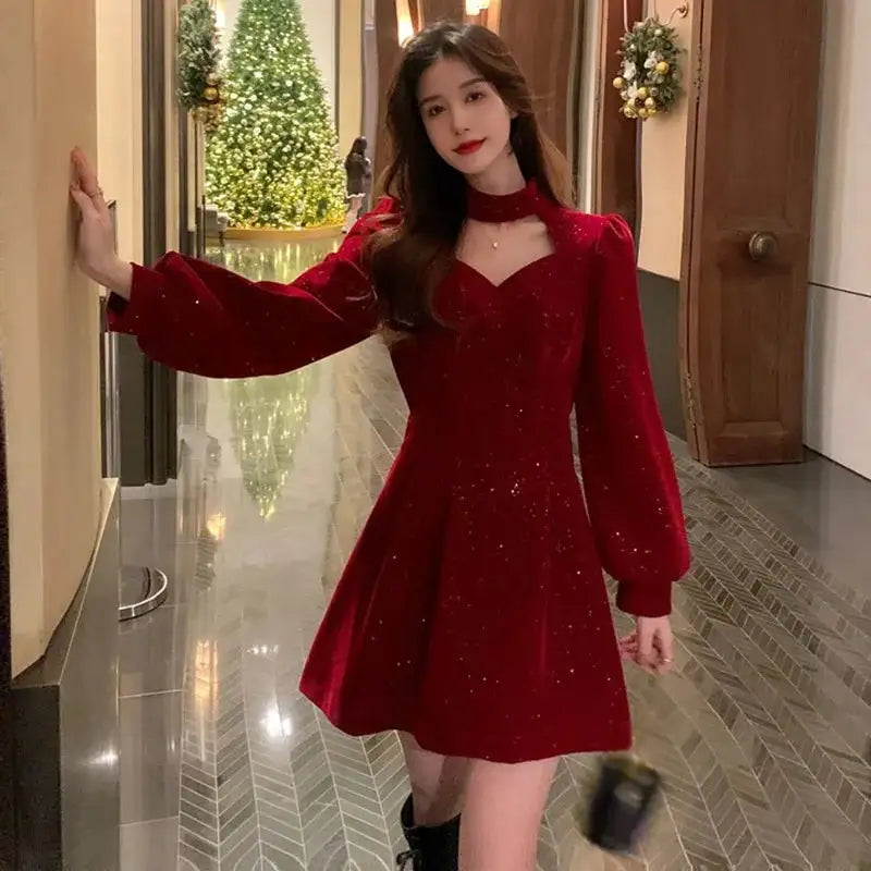 Women's Long Dress Autumn And Winter Dress Christmas High-end Neck Elegant Slim - Lootquake