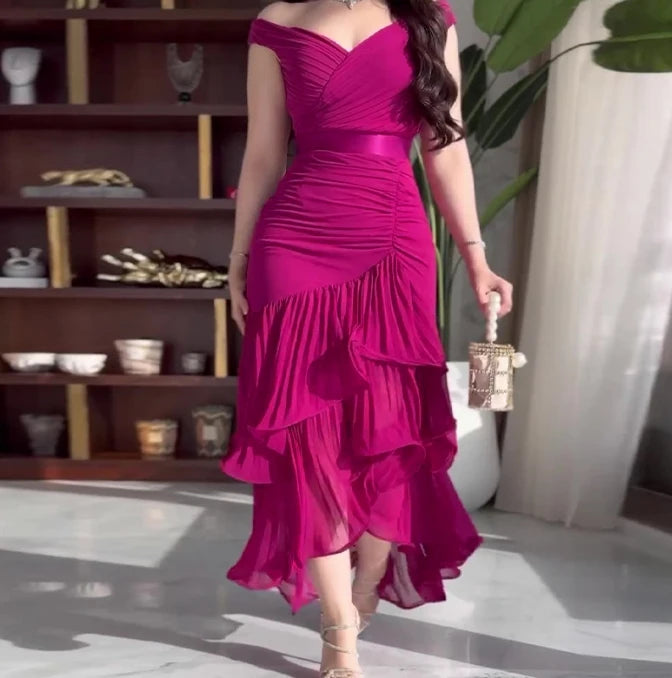 Womens Dresses 2025 Spring New Sweet Style Solid Color High Waist Ruched V-Neck Sleeveless Casual Ruffle Hem Daily Long Dress - Lootquake