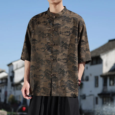 Plus Size Summer Mens Chinese Shirt Ice Silk Vintage Shirt Tang Suit Hanfu Tops Male Vintage Clothing Stand Collar Loose Shirts - Lootquake