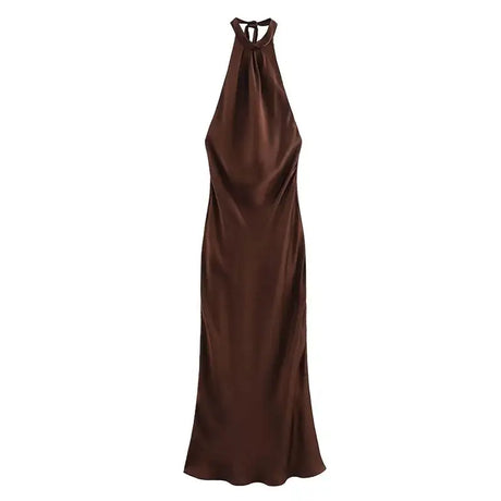 Off Shoulder Satin Halter Long Dress Woman Sexy Hanging Neck Female Pleated Dresses Summer Backless Midi Evening Party 2024 New - Lootquake