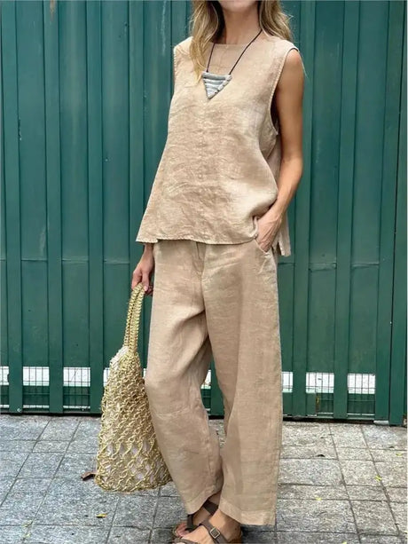 Summer Cotton And Linen Casual Outfits Female Fashion Solid Color Two-piece Set For Women Sleeveless Top Trousers Women's Suit - Lootquake