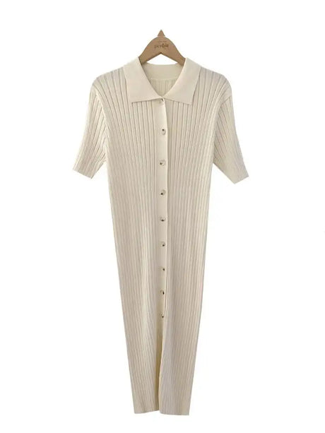 Elegant Summer Sweet Sle Turn-down Collar Single-button Thin Ice Silk Short-sleeve Knitted Long Dress Women's Fashion - Lootquake