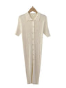 Elegant Summer Sweet Sle Turn-down Collar Single-button Thin Ice Silk Short-sleeve Knitted Long Dress Women's Fashion - Lootquake