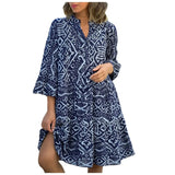 Women Floral Print Maxi Dress Fashion Casual V Neck Long Dress Plus Size Summer Boho Dress Ruffle Three Quarter Sleeves Dresses - Lootquake