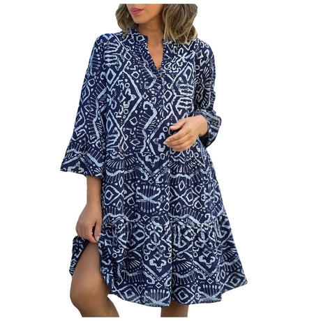 Women Floral Print Maxi Dress Fashion Casual V Neck Long Dress Plus Size Summer Boho Dress Ruffle Three Quarter Sleeves Dresses - Lootquake