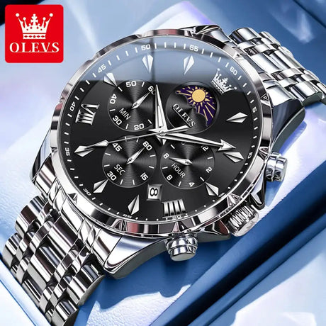 OLEVS 3653 Men Watch Luxury Brand Quartz Watch Multi functional Automatic Date Timer Watch Waterproof Luminous Moonphase Watch - Lootquake