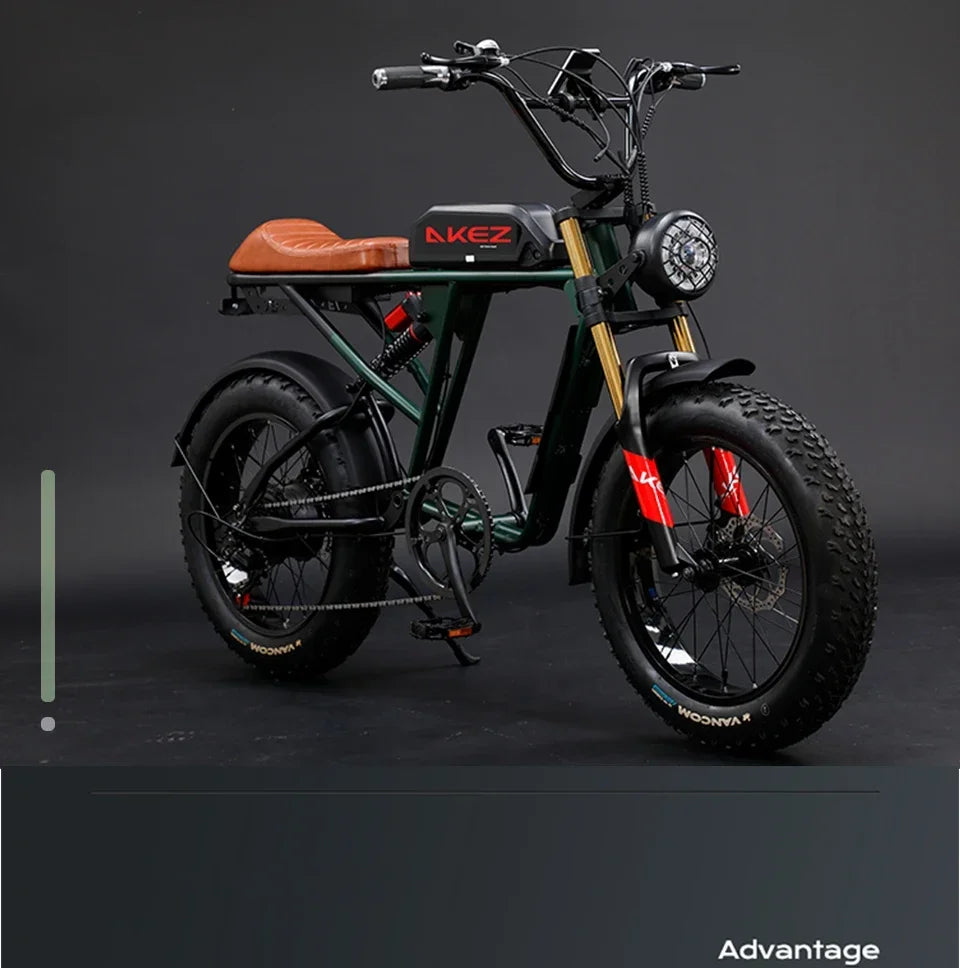 Bicicleta eléctrica retro de 1500 W, 48 V, 36 Ah, 20 x 4 pulgadas, neumáticos anchos, para montaña y nieve, AKEZ, motocicleta para adultos.