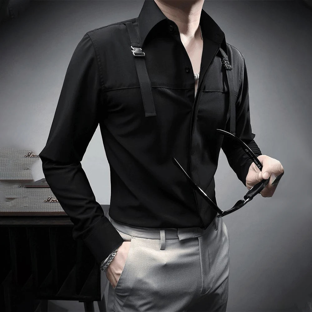 Fashion Unique Suspender Design Long-Sleeved Shirt Mens High-End 2024 Autumn New Trend Casual Solid Color Y2k Mens Shirt - Lootquake