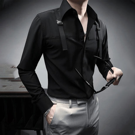 Fashion Unique Suspender Design Long-Sleeved Shirt Mens High-End 2024 Autumn New Trend Casual Solid Color Y2k Mens Shirt - Lootquake