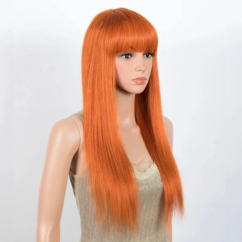 180% Density Ginger Straight Human Hair Wig with Bangs | Full Machine Made Brazilian Hair for Cosplay & Daily Wear