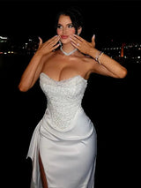 Satin Shiny Sequins Party Long Dress Women Sexy Strapless Sleeveless Backless High Split Dresses 2025 INS Lady Evening Gown - Lootquake