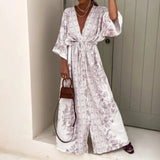 2025 Boho Print Half Sleeve Long Dress Women Fashion Japanese Kimono Lace-Up Robe Summer Sundress Holiday Beach Dress Vestidos - Lootquake