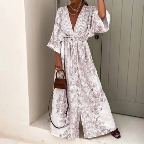 2025 Boho Print Half Sleeve Long Dress Women Fashion Japanese Kimono Lace-Up Robe Summer Sundress Holiday Beach Dress Vestidos - Lootquake