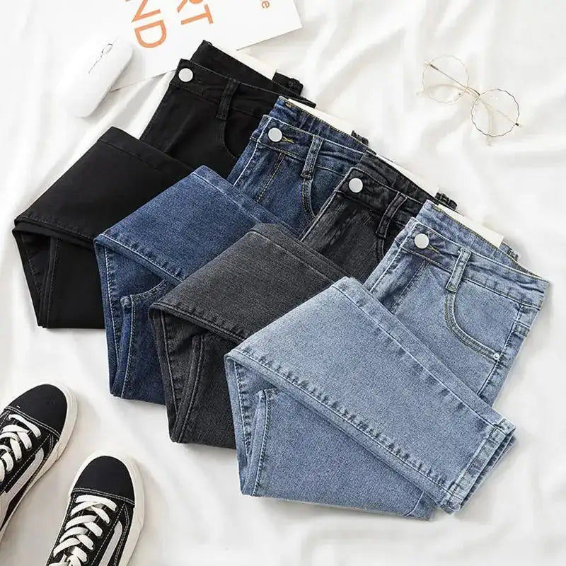 Black Grey Jeans Women's Slimming Cropped Pants Chic Versatile Student Short Trousers Long Pants Slim Fit Sihouette Smoothing - Lootquake