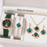6PCS Set Green Luxury Quartz Watch Women Ring Necklace Earring Rhinestone Fashion Wristwatch Casual Ladies Bracelet Watches 6PCS - Lootquake