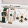 6PCS Set Green Luxury Quartz Watch Women Ring Necklace Earring Rhinestone Fashion Wristwatch Casual Ladies Bracelet Watches 6PCS - Lootquake