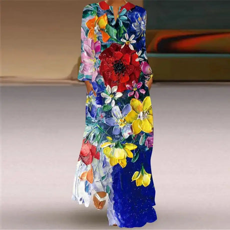 Women Autumn Winter Long Dress Elegant Party Casual V Neck Long Sleeve Vestids Style Loose Stripe Printing Vintage Maxi Dresses - Lootquake