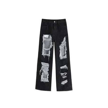 Women's Gothic Black Jeans High Waist Vintage Korean Fashion Y2k Streetwear Ripped Pants Harajuku Casual Wide Leg Denim Trousers - Lootquake