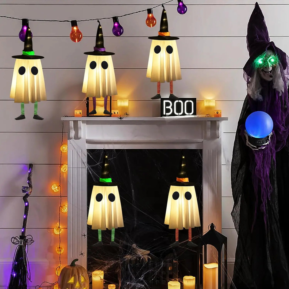 Halloween Hanging Ghost Decorations, Outdoor Halloween Witches Hat Lights, Glowing Ghosts for Garden Trees, Yard Halloween Decor