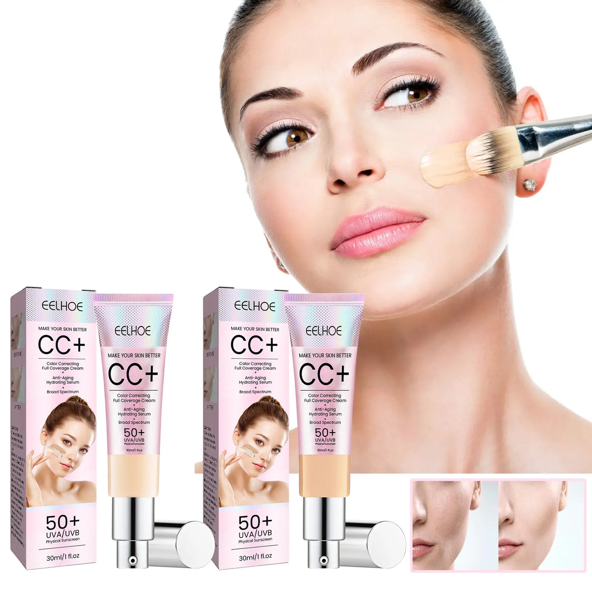 Crema de base CC, hidratante natural, resistente al agua, iluminadora, corrector, cobertura, control de grasa y manchas, maquillaje duradero.