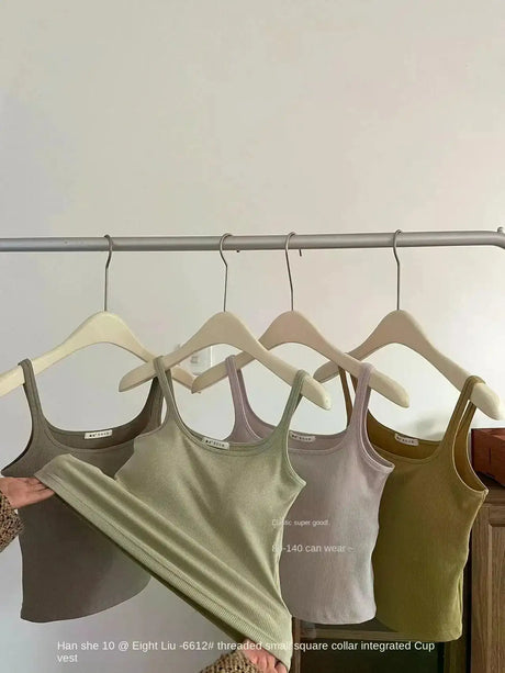 Solid All-Match Invisible Integrated Chest Pad Cami 2024 Spring New Korean Women clothes Short Sleeveless Top - Lootquake