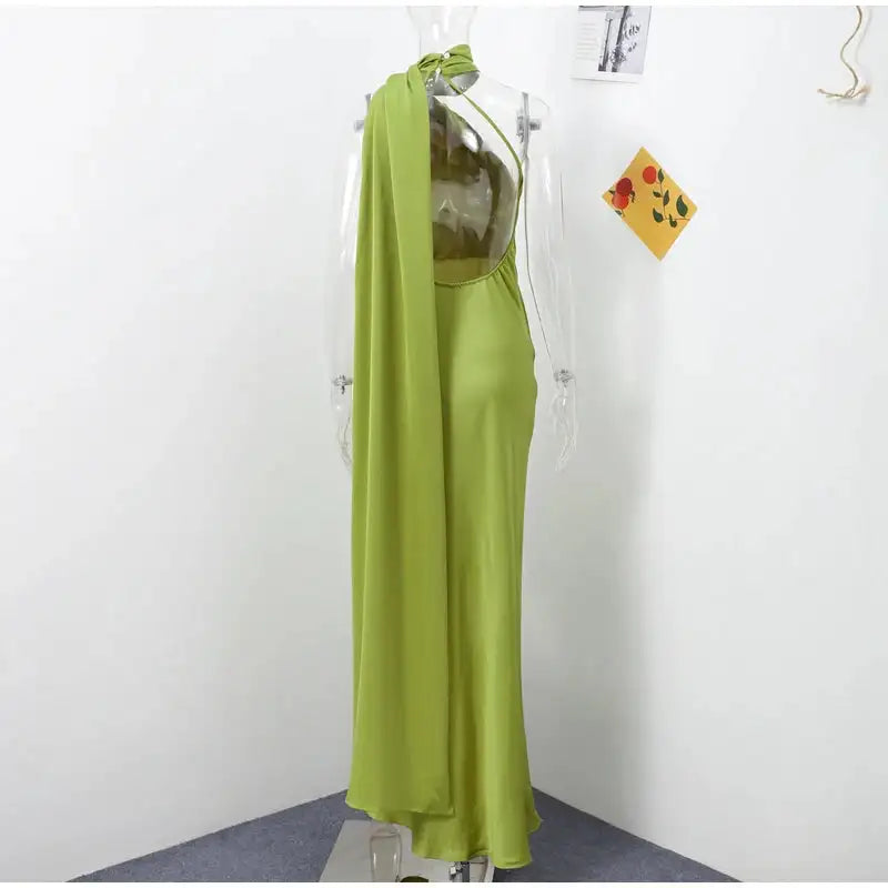 Elegant Satin Halter Slim Long Dress With Scarf Women New Sexy Backless Sleeveless Maxi Dresses Summer Lady Party Chic Vestidos - Lootquake