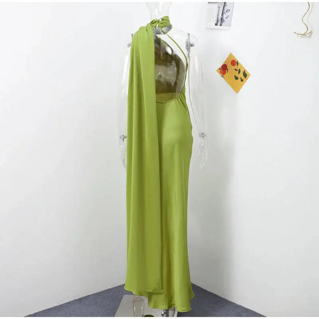 Elegant Satin Halter Slim Long Dress With Scarf Women New Sexy Backless Sleeveless Maxi Dresses Summer Lady Party Chic Vestidos - Lootquake