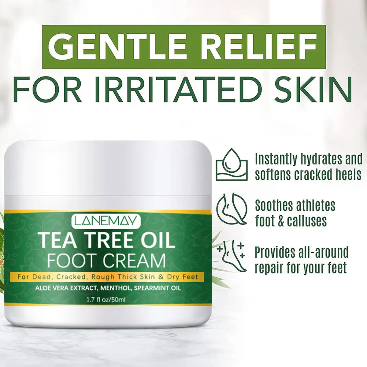 Crema hidratante para pies, para pies y talones secos. Crema calmante para pies secos y agrietados con urea y aceite de árbol de té.