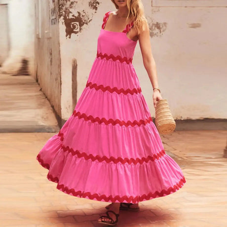 Spaghetti Strap Wave Striped Long Dress Women Square Neck Chic Contrast Sleeveless Beach Dress Flowy Large Swing Maxi Dress - Lootquake