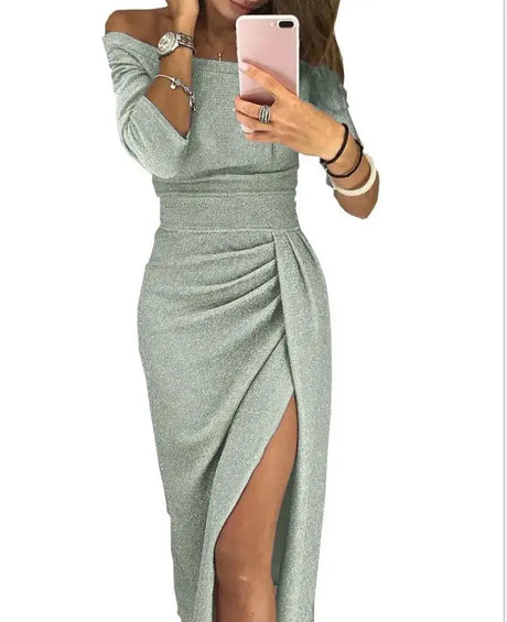 Slit Slash-neck Dress Women Sparkling Slim Long Dress Summer Korean Fashion Dinner Dress Bodycon Solid  Women Dresses Vestidos - Lootquake