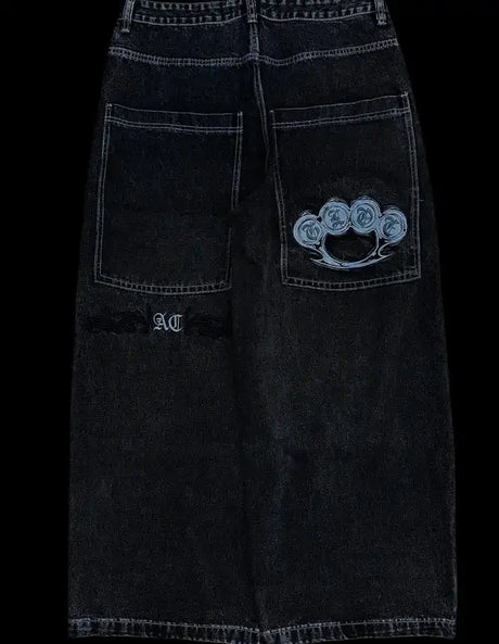 Y2K Pocket Fashion Embroidery Street Harajuku Gothic Retro High Waisted Loose Casual Jeans American Hip-hop Wide Leg Pants - Lootquake
