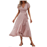 Women's Flowy Split Midi Floral Wrap Dress Summer Irregular High Waist Boho Long Dress A-Line V-Neck Holiday Beach Sundress - Lootquake