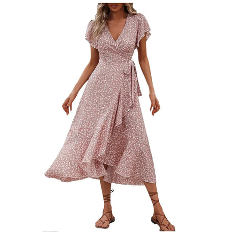 Women's Flowy Split Midi Floral Wrap Dress Summer Irregular High Waist Boho Long Dress A-Line V-Neck Holiday Beach Sundress - Lootquake