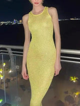 Tossy Sequin Slim Scoop Neck Maxi Dress Female Backless Glitter See-Through Sexy Patchwork Autumn Dress Women's Long Dress 2024 - Lootquake