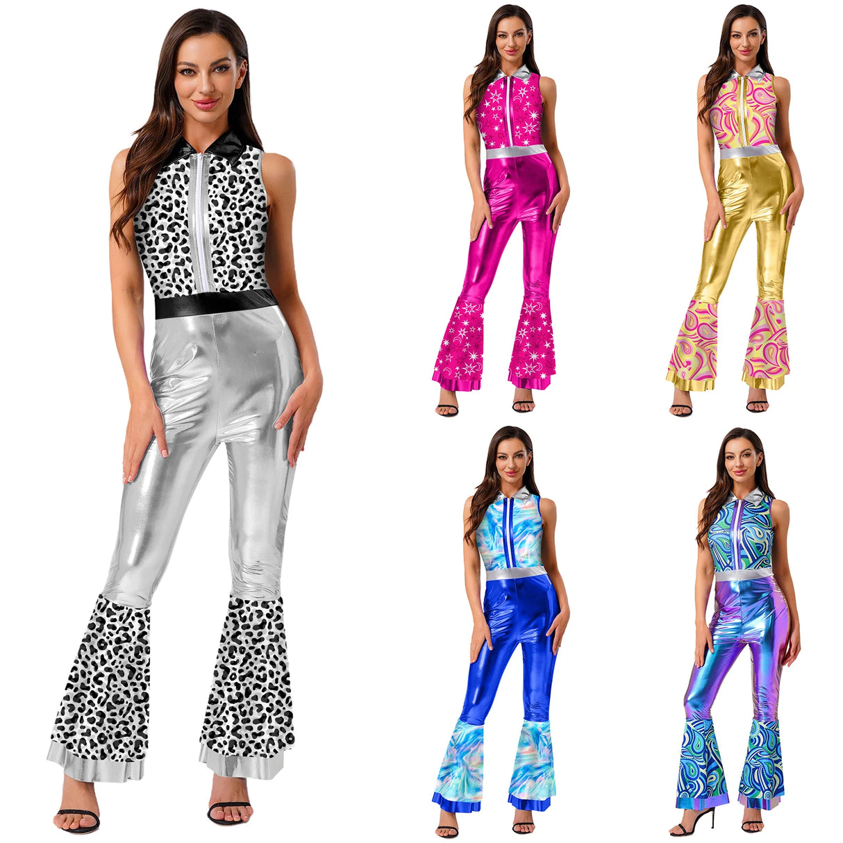 Womens Halloween Retro Hippie Cosplay Costume Party Hip-hop Dance Costume Metallic Shiny Vintage Carnival Bodysuit Jumpsuit