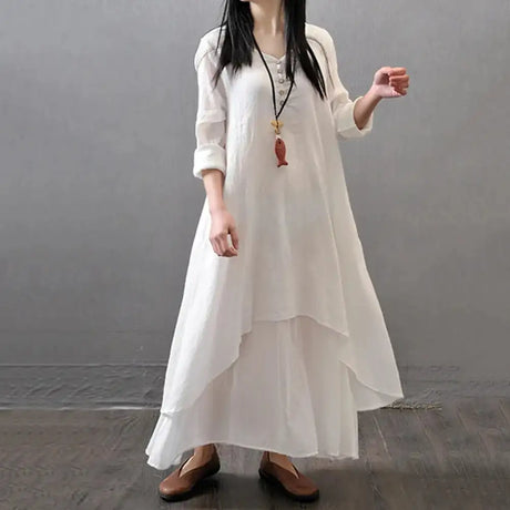 Women Elegant Linen White Dresses Bohemia Layering Vintage Robe Long Sleeve Loose Long Dress Female Autumn Vestidos - Lootquake