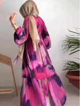 Eid Chiffon Muslim Party Dress for Women Ramadan Print Abaya Long Dress Belt Morocco Vestidos Largos Dubai Robe Jalabiya 2024 - Lootquake