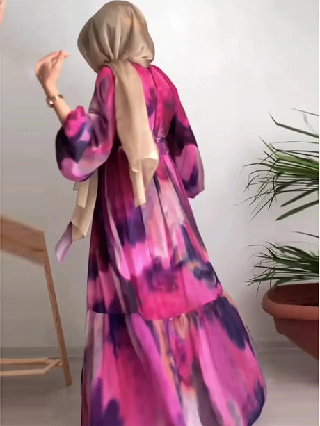 Eid Chiffon Muslim Party Dress for Women Ramadan Print Abaya Long Dress Belt Morocco Vestidos Largos Dubai Robe Jalabiya 2024 - Lootquake