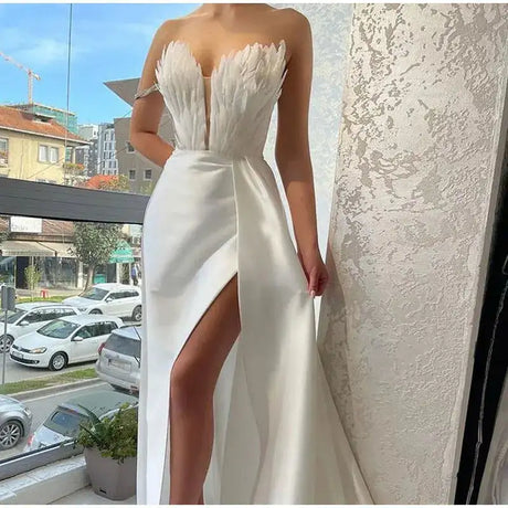 White Angel Feather Dress Luxury Design Women's Off Shoulder Elegant Long Dress Halloween Christmas Party Evening Wedding Dress - Lootquake