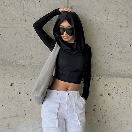 Women's Hooded Crop Tops Autumn Solid Color Long Sleeve Cowl Neck Slim Fit Short T-Shirt Streetwear Sporty Basics Tees - Lootquake