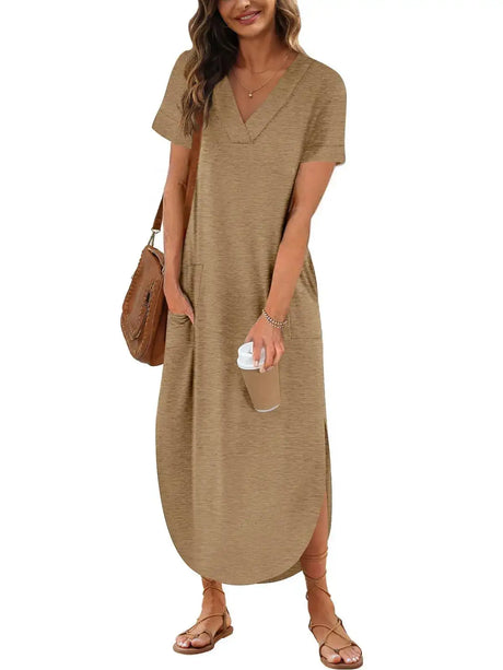 Summer New Women Elegant Solid Color Dress Short Sleeve V-Neck Cotton Linen Comfortable Loose Pocket Ladies Long Dress Vestidos - Lootquake