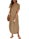 Summer New Women Elegant Solid Color Dress Short Sleeve V-Neck Cotton Linen Comfortable Loose Pocket Ladies Long Dress Vestidos - Lootquake