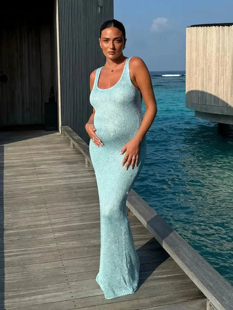 Tossy Sequin Slim Scoop Neck Maxi Dress Female Backless Glitter See-Through Sexy Patchwork Autumn Dress Women's Long Dress 2024 - Lootquake