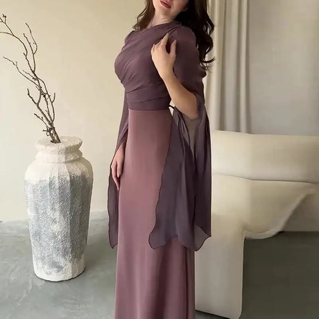 Fashion Satin Solid Robe Dress Ladies Temperament O-neck Slim Evening Dress Elegant Batwing Sleeves High Waist Pleats Long Dress - Lootquake
