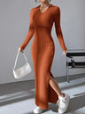 2024 Spring/Summer Knitted Dress Slim Fit Fashion Casual Women's Lapel Long sleeved Dress Concave Stripe Solid Color Long Dress - Lootquake